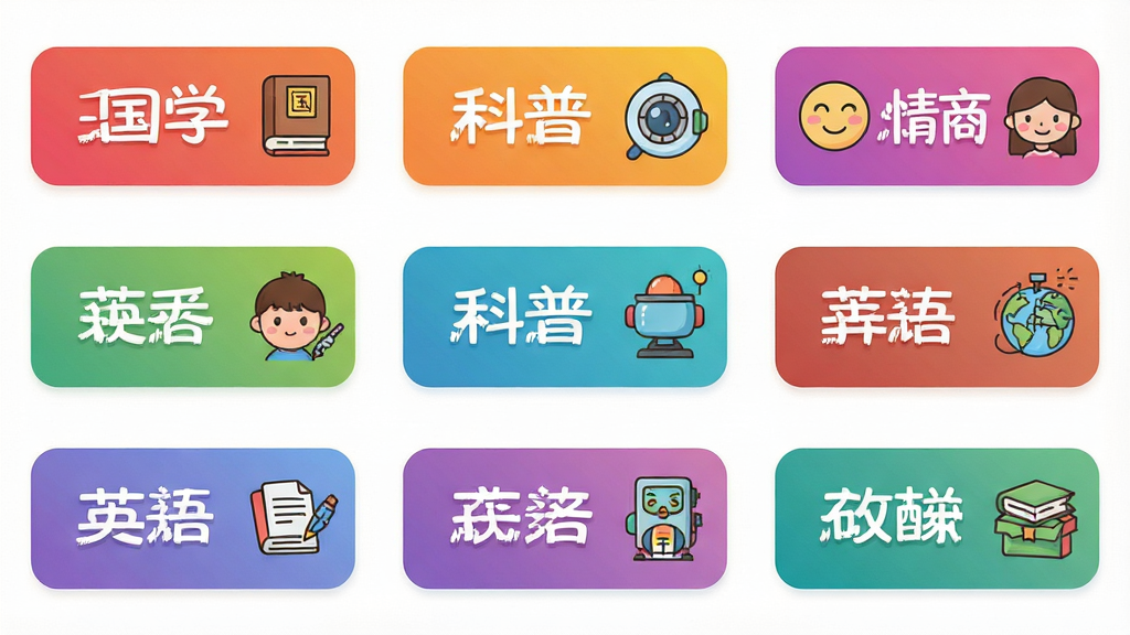 一幅横向展开的儿童内容分类示意图,画面中有多个彩色标签分别标注“国学”“科普”“情商”“英语”等字样,每个标签旁配有对应的卡通图标,布局为整齐的网格排列,风格为扁平化UI设计风,细节包括标签颜色渐变、图标造型、背景留白,画质高清,干净,无多余元素