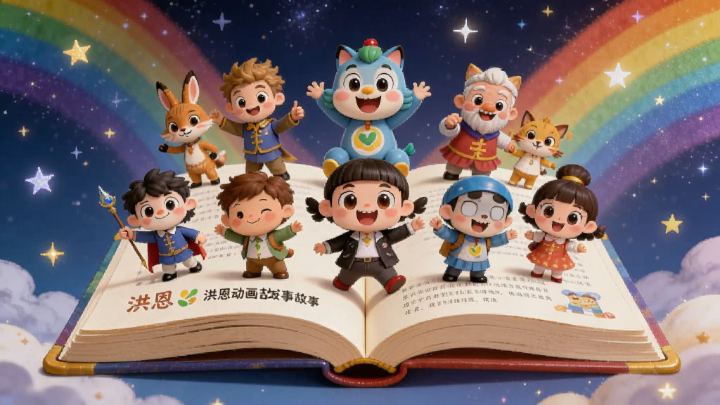 画面中央是一本巨大的打开的故事书,书页上跳出“洪恩动画故事”中的多个经典角色,背景是星空和彩虹,布局采用中心向外发散构图,风格为梦幻童话插画风,细节包括角色表情、书页文字纹理、星光点缀,画质高清,干净,无多余元素