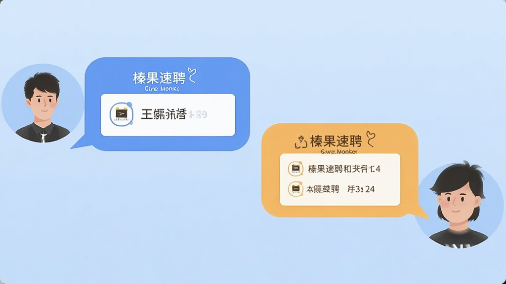 画面展示两个人物头像通过聊天气泡连接,气泡中带有