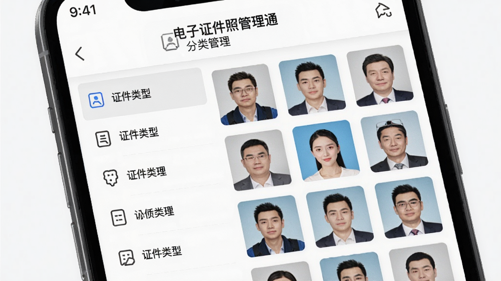 手机屏幕展示“电子证件照管理通”分类管理页面,左侧为证件类型列表,右侧为对应缩略图网格,界面以白色和浅灰色为主,图标线条简洁,画面干净,突出分类清晰的特点,画质高清