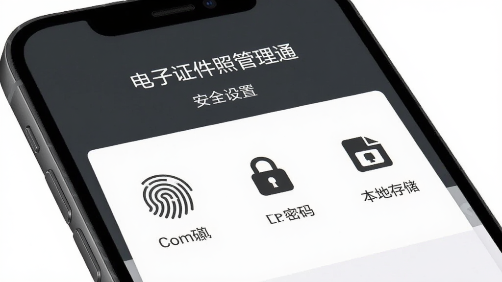 手机屏幕显示“电子证件照管理通”安全设置界面,界面中有指纹图标、密码锁图标、本地存储标识,背景为深灰色,文字为白色,风格沉稳安全,画质清晰