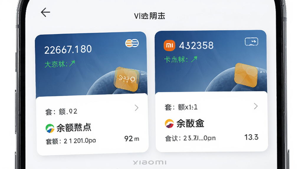 小米移动App多卡管理界面展示图,手机屏幕显示两张号码卡的卡片式管理面板,每张卡上方标注号码和状态,下方显示余额和套餐信息,背景为白色,风格简洁商务,细节上突出卡片分隔和文字层级,画质清晰干净无多余元素
