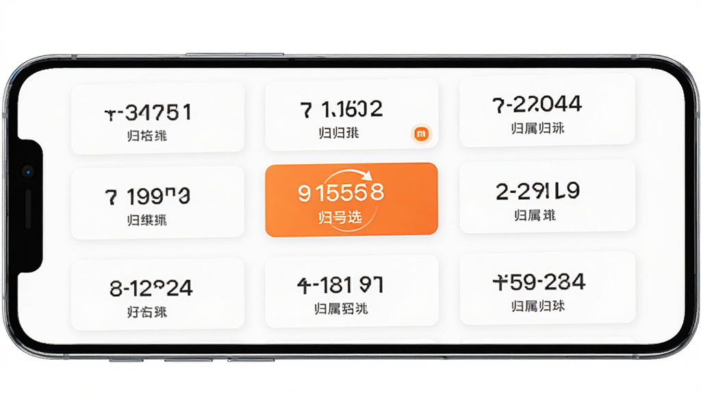 小米移动App在线选号页面展示图,画面中一部手机横屏展示号码列表,号码以卡片形式排列,每个卡片显示号码和归属地,界面风格清新简约,背景为白色,细节上突出选中状态的高亮效果,画质清晰明亮,整体干净整洁