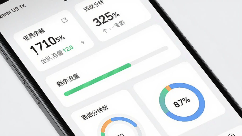 小米移动App话费流量查询界面展示图,手机屏幕显示话费余额、剩余流量进度条和通话分钟数,数据以卡片和环形图形式呈现,背景为浅灰色,风格为现代简约设计,细节上突出数字和图表,画质高清干净