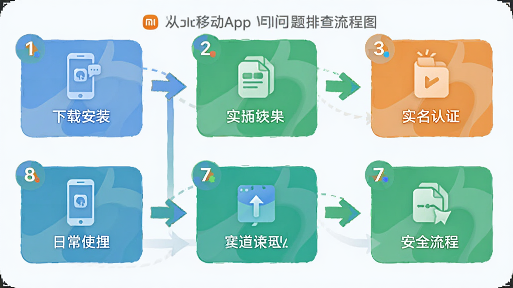 小米移动App问题排查流程图,画面以信息图形式展示从下载安装到实名认证再到日常使用的完整流程,每个步骤用图标和简短文字标注,背景为浅色,风格为扁平化信息图设计,细节上突出箭头引导和步骤编号,画质高清干净无多余元素