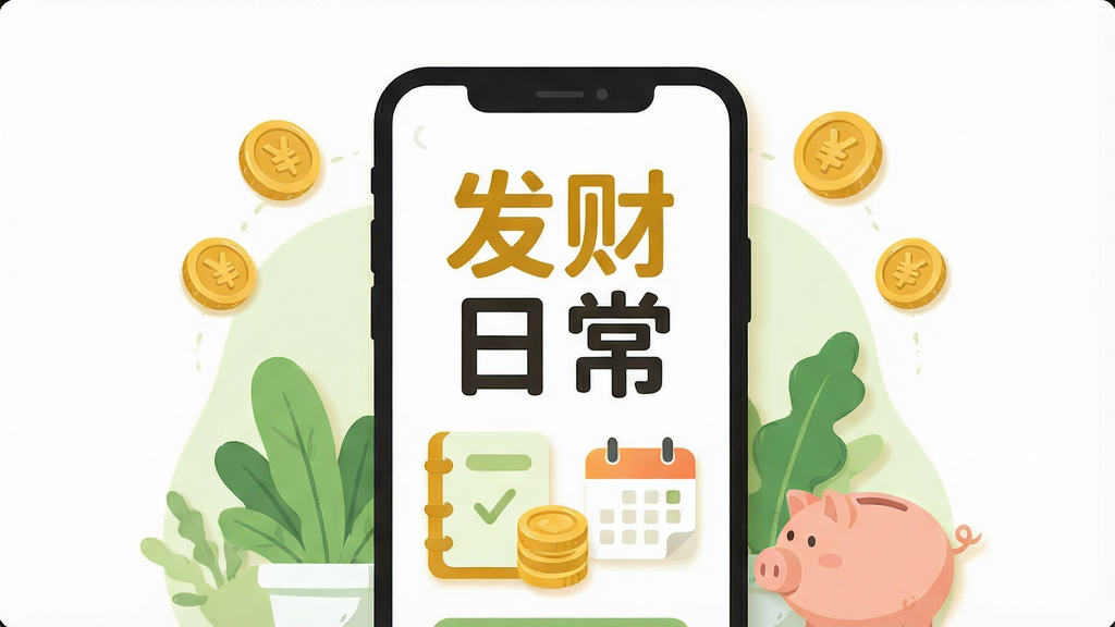 一幅明亮简洁的手机应用界面插画,画面中央展示一部智能手机,屏幕内呈现“发财日常”四个大字以及记账本、金币、日历图标等元素,周围环绕着手绘风格的硬币、小猪存钱罐和绿色植物,布局采用居中对称构图,排版干净利落,风格为扁平化矢量插画,细节处体现柔和阴影与圆角元素,整体色调以暖黄、浅绿和白色为主,画质高清,画面干净,无多余元素