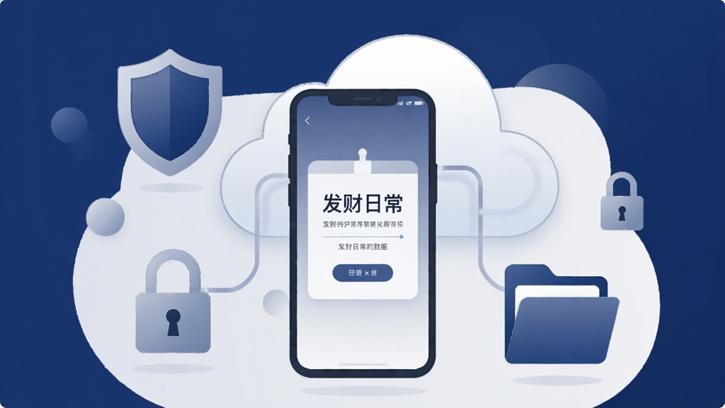 一幅表现数据安全备份概念的插画,画面中央是一部手机和一个云朵图标,手机屏幕显示“发财日常”的数据导出界面,周围环绕着盾牌、锁和文件夹图标,布局采用左右呼应构图,风格为简约扁平插画,细节处有柔和渐变和圆角线条,色调以深蓝、浅灰和白色为主,画质高清,画面干净,无多余元素