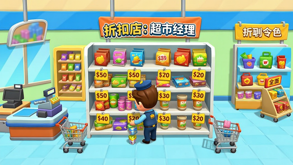一张卡通风格的折扣超市内部场景图,画面中央是「折扣店:超市经理」游戏中的超市货架区域,货架上整齐摆放着各类商品,每件商品下方都有醒目的黄色折扣价签,一位穿着经理制服的卡通角色正在整理货架,画面左侧是收银台,右侧是促销专区,整体布局为横向展开的超市内部全景,风格为明亮欢快的卡通游戏画面,细节包括商品包装、价格牌、购物车等,画质清晰,画面干净,无多余元素