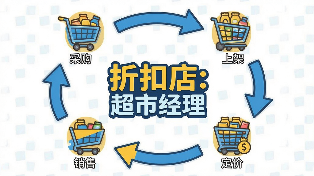 一张「折扣店:超市经理」游戏玩法示意图,画面以信息图表风格展示游戏的核心循环流程,包括采购、上架、定价、销售四个环节,每个环节用卡通图标表示,箭头连接形成循环,画面中央是「折扣店:超市经理」的游戏Logo,整体布局为环形流程图,风格为扁平化卡通信息图,色彩使用蓝黄搭配,细节清晰,画质干净,无多余元素