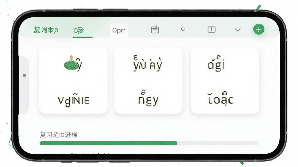越南语App生词本界面手机截图,显示单词卡片和复习进度条,背景为白色搭配绿色点缀,风格清爽,画质干净
