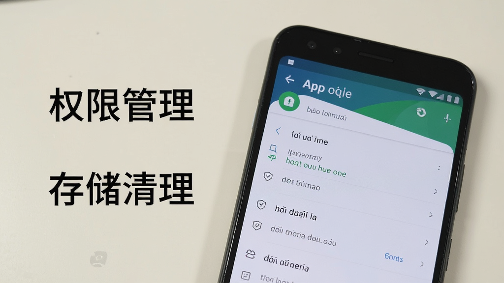 一部安卓手机显示越南语App设置页面,旁边有文字标注“权限管理”和“存储清理”,背景为浅色桌面,风格写实,画质清晰干净