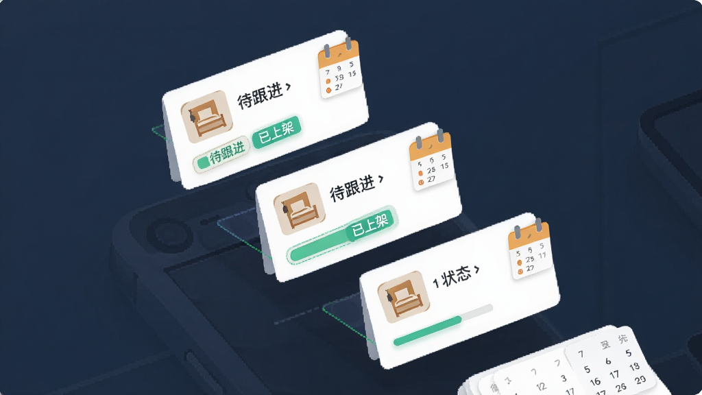 一幅表现MangoMIS房源管理功能的AI生图,主体为悬浮的房源卡片与进度条,布局采用从上到下阶梯式排列,排版整洁有序,风格为轻量科技感UI插画,细节包含卡片上的房间图标、状态文字“待跟进”“已上架”以及小型的日历标记,画质高清,画面干净,无多余装饰元素