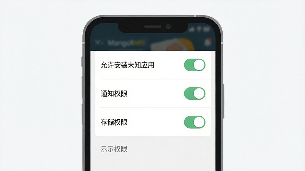 一张MangoMIS移动端安装与权限设置的示意图片,主体为手机屏幕显示权限开关列表,布局为手机正面居中,排版简洁,风格为扁平化UI示意图,细节包含“允许安装未知应用”“通知权限”“存储权限”等文字标签与开关按钮,画质清晰,背景干净,无多余元素