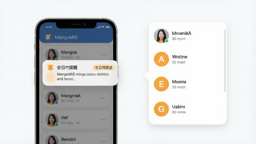 一张MangoMIS客户跟进提醒功能的示意图,主体为手机通知弹窗与客户头像列表,布局为左侧手机、右侧展开的客户信息面板,排版采用左右分栏,风格为柔和圆角卡片式设计,细节包括铃铛图标、时间标签“今日待跟进”以及客户姓名首字母头像,画质清晰,背景干净,无杂乱元素