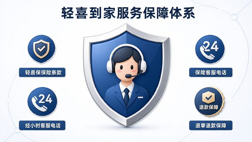 轻喜到家服务保障体系信息图,主体为盾牌形状的保险图标与客服标识,布局为居中对称,风格稳重可靠,细节包括保险条款图标、24小时客服电话图标、退款保障标识,画质清晰,干净,无多余元素