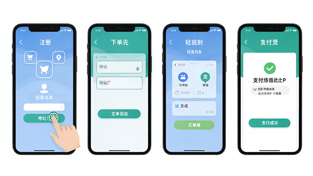 轻喜到家应用操作流程示意图,主体为手机屏幕显示从注册到下单完成的步骤界面,布局为纵向排列的四个手机屏幕,风格扁平化设计,细节包括手指点击图标、地址输入框、支付成功页面,画质高清,干净,无多余元素
