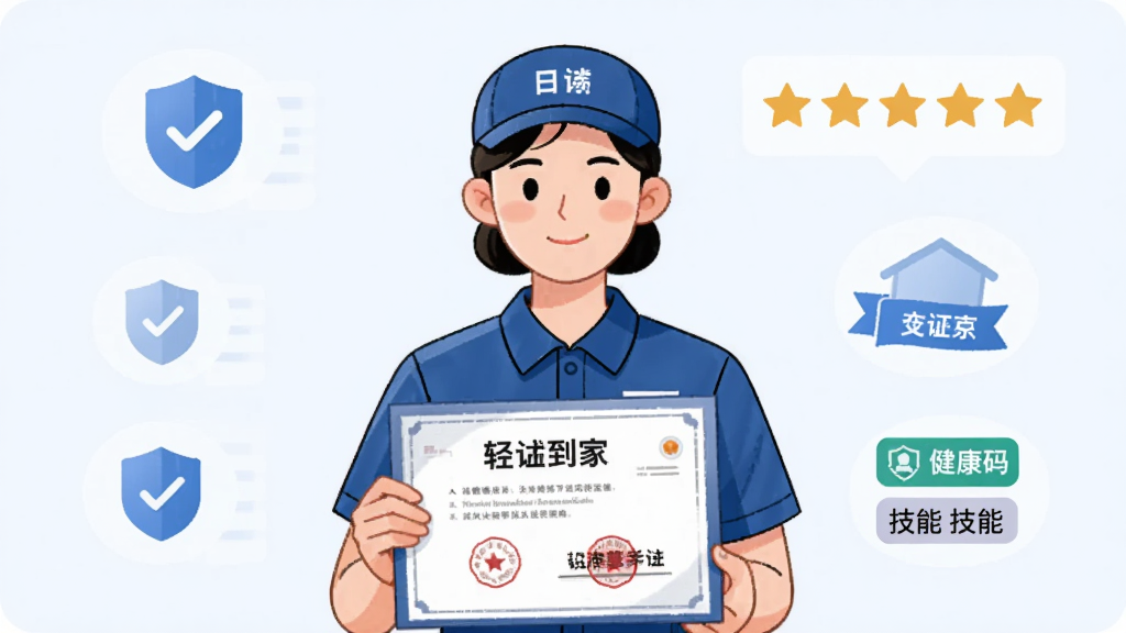 轻喜到家应用内展示服务人员认证资料的界面截图风格插画,主体为一位穿着整洁制服的保洁员手持认证证书,布局为人物居中,背景为简洁的认证图标和五星好评标识,风格专业可信,细节包括证书上的印章、健康码、技能标签,画质清晰,干净,无多余元素