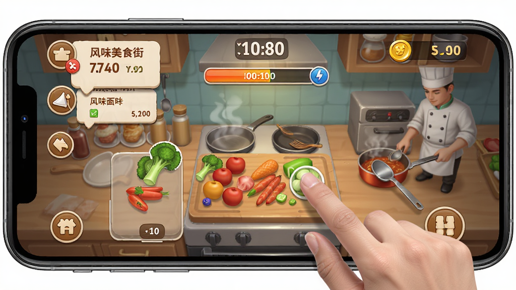 风味美食街游戏移动端操作界面截图,画面展示一部智能手机屏幕上运行着风味美食街游戏,屏幕中显示厨房烹饪场景,手指正在点击食材进行烹饪操作,画面布局采用手机正面展示构图,风格为真实手机游戏截图风格,细节包括屏幕上的订单气泡、倒计时进度条、金币数量显示,画质高清干净,无多余元素。