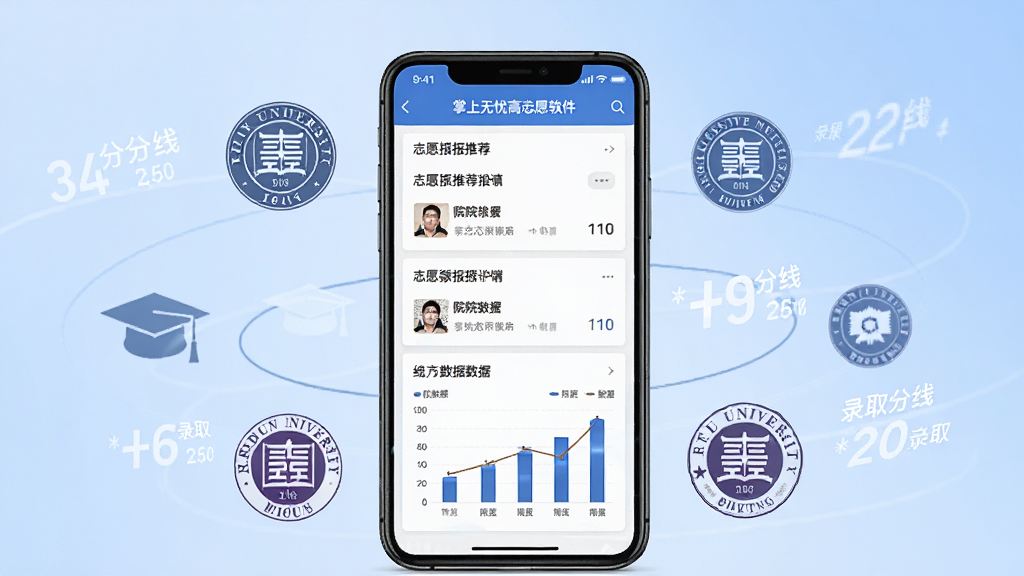 一张展现掌上无忧高考志愿软件核心功能的宣传图,画面中央是一部智能手机,手机屏幕上显示着志愿填报推荐列表和院校数据图表,手机周围环绕着几所大学的校徽剪影和录取分数线数字,背景是柔和的蓝色渐变,风格简洁现代,细节清晰,画质高清,干净,无多余元素