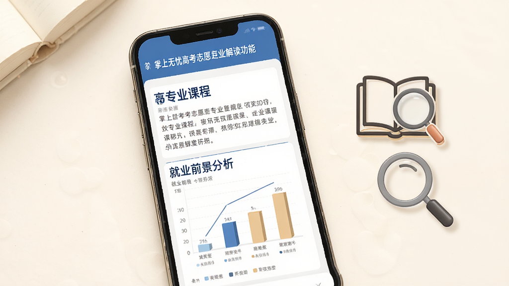 一张展示掌上无忧高考志愿专业解读功能的图片,画面中手机屏幕显示着某专业的课程介绍和就业前景分析图表,旁边有书本和放大镜的图标,背景是淡雅的米白色,风格温馨,细节清晰,画质高清,干净,无多余元素