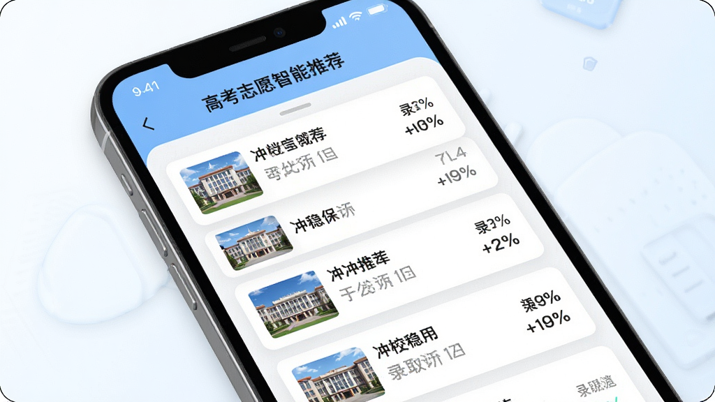 一张展示掌上无忧高考志愿智能推荐功能的界面截图风格图片,画面中手机屏幕显示着冲稳保三档院校推荐列表,每所院校旁边有录取概率百分比,背景是简洁的白色和浅蓝色,风格清爽,细节清晰,画质高清,干净,无多余元素