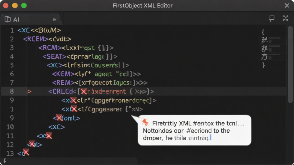 FirstObject XML Editor 代码编辑区展示XML语法高亮效果,不同标签与属性以多种颜色区分,某一行有红色错误标记与提示气泡,软件名称显示在界面顶部,整体为开发者友好的深色主题,画质清晰,干净,无多余元素