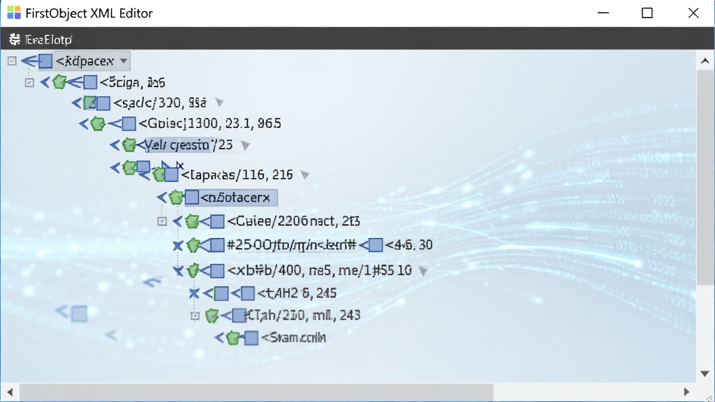 FirstObject XML Editor 加载大型XML文件的场景,界面中央展示一棵展开的XML节点树,节点旁边标注文件大小与加载时间,背景有淡蓝色数据流动光效,突出速度感,软件名称以文字形式出现在界面标题栏,画质清晰,干净,无多余元素