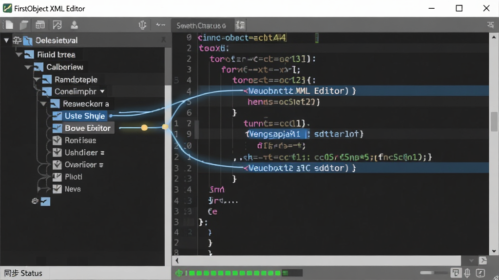 FirstObject XML Editor 界面中左侧树状节点与右侧代码编辑区通过高亮线条连接,展示双向联动效果,节点名称与代码行对应显示,界面底部有同步状态指示,软件名称出现在窗口标题位置,整体风格简洁专业,画质清晰,干净,无多余元素