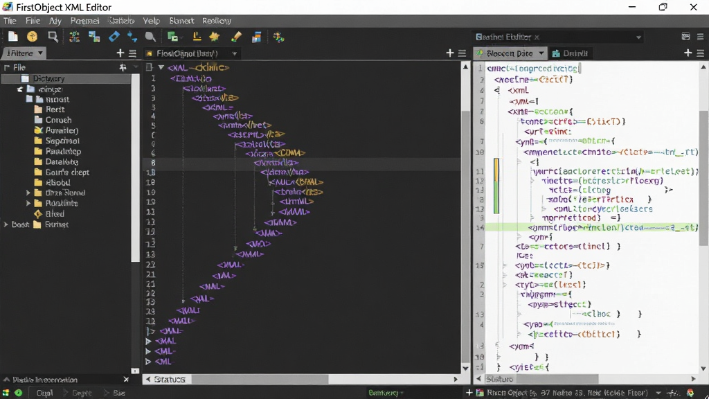 FirstObject XML Editor 软件主界面全景,中央为树状XML节点结构浏览区,左侧为文件目录面板,右侧为语法高亮代码编辑区,顶部为菜单工具栏,整体布局清晰,深色与浅色搭配的现代化界面风格,细节包括XML标签高亮、节点折叠图标、状态栏信息显示,画质清晰,干净,无多余元素