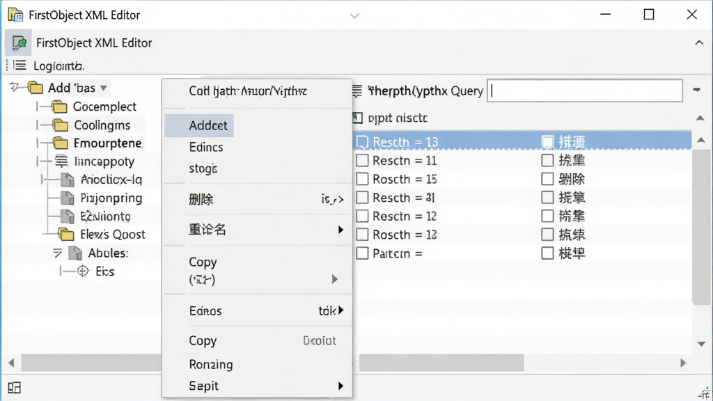 FirstObject XML Editor 树状视图上右键菜单展开,显示添加节点、删除节点、重命名、复制等操作选项,旁边有XPath查询输入框与结果列表,软件名称出现在菜单标题区域,界面风格为浅色商务风,画质清晰,干净,无多余元素