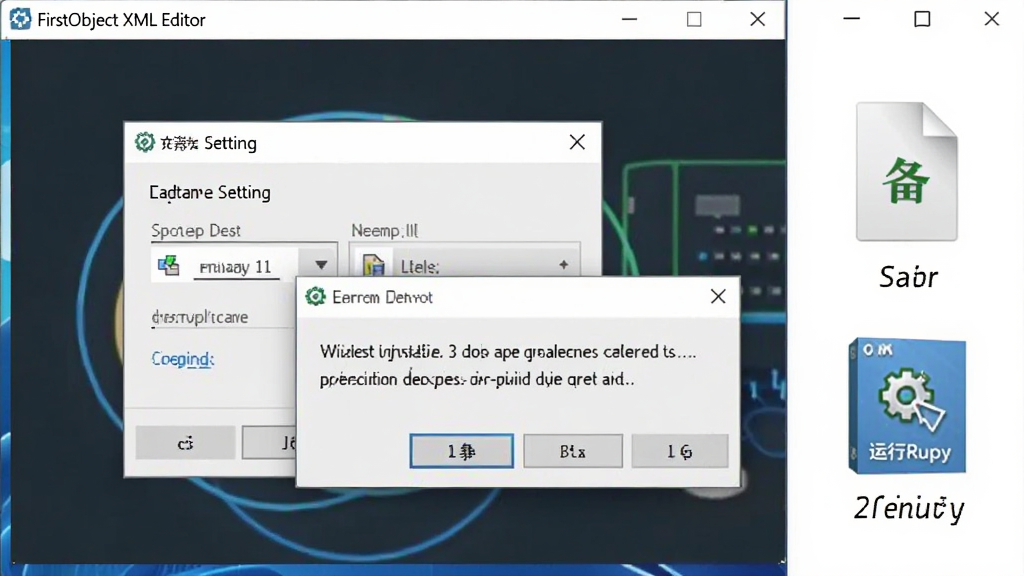 FirstObject XML Editor 安装与运行问题排查场景,界面显示兼容性设置窗口与错误提示对话框,旁边有备份文件图标与运行库安装包图标,软件名称出现在窗口标题,整体为教程风格截图,画质清晰,干净,无多余元素
