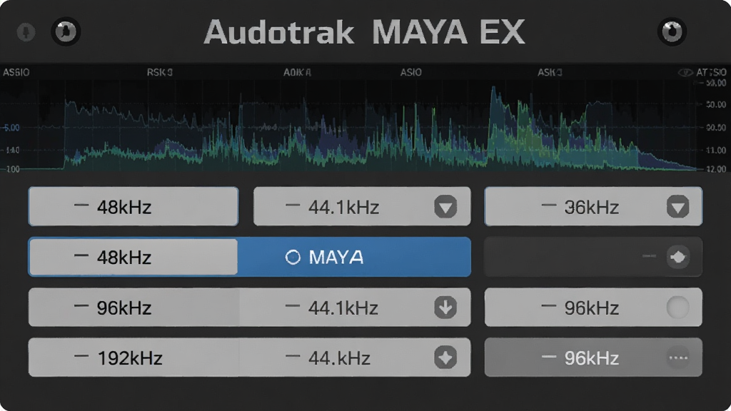 一张展示Audiotrak MAYA EX声卡ASIO驱动采样率设置面板的图片,画面中显示44.1kHz、48kHz、96kHz、192kHz等多个采样率选项,其中一个选项被高亮选中,背景为音频频谱图,整体风格简洁专业,深灰底色配白色文字与蓝色选中状态,细节清晰,画质干净,无多余元素