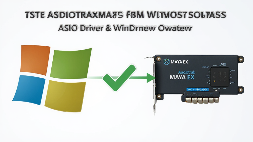 一张展示Audiotrak MAYA EX声卡ASIO驱动与Windows系统兼容性的示意图,画面左侧为Windows操作系统标志,右侧为MAYA EX声卡,中间用绿色对勾与连接线表示兼容,整体布局清晰明了,风格简洁商务,浅色背景配蓝色与绿色元素,细节包含系统版本号标签,画质清晰,干净,无多余元素