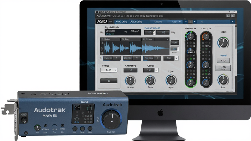 一张展示Audiotrak MAYA EX声卡ASIO驱动软件界面的产品宣传图,画面中央是声卡硬件设备与电脑屏幕并排展示,屏幕中显示ASIO驱动控制面板界面,包含采样率、缓冲区大小、输入输出通道等参数设置,整体布局简洁专业,采用深灰色与蓝色科技风格配色,细节处体现音频波形与旋钮控件,画质清晰,干净,无多余元素