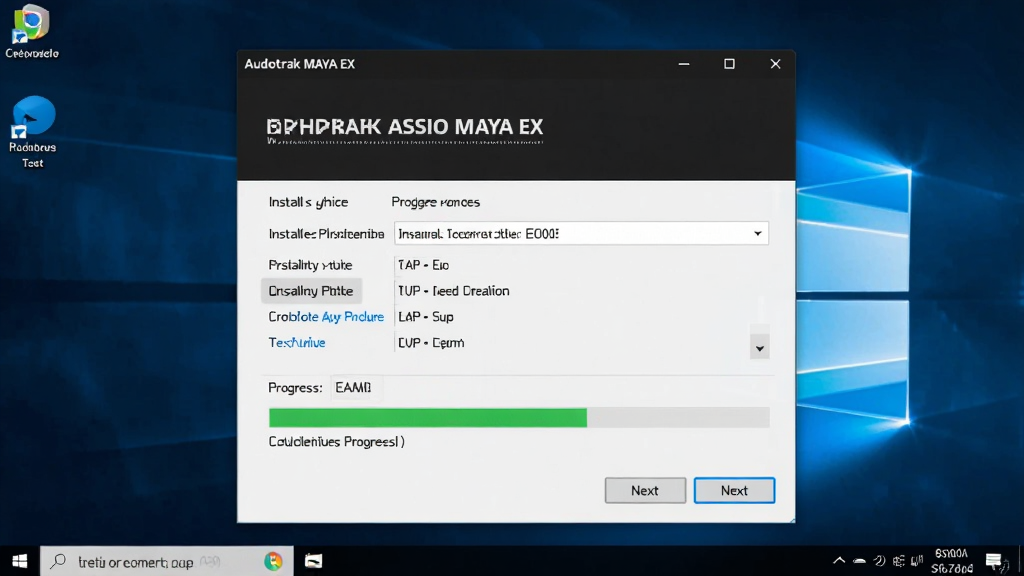 一张展示Audiotrak MAYA EX声卡ASIO驱动安装过程的电脑截图风格图片,画面中显示安装向导窗口与进度条,背景为Windows桌面,整体布局居中,风格简洁清晰,细节包含安装路径选择与下一步按钮,画质干净,无多余元素