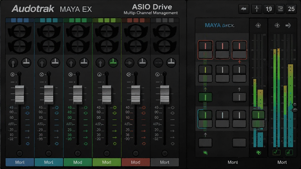 一张展示Audiotrak MAYA EX声卡ASIO驱动多通道管理界面的示意图,画面中显示八个音频通道推子与路由矩阵,每个通道标注不同颜色,整体布局为专业调音台风格,深色背景配蓝色与绿色高亮,细节包含电平表与通道标签,画质清晰,干净,无多余元素
