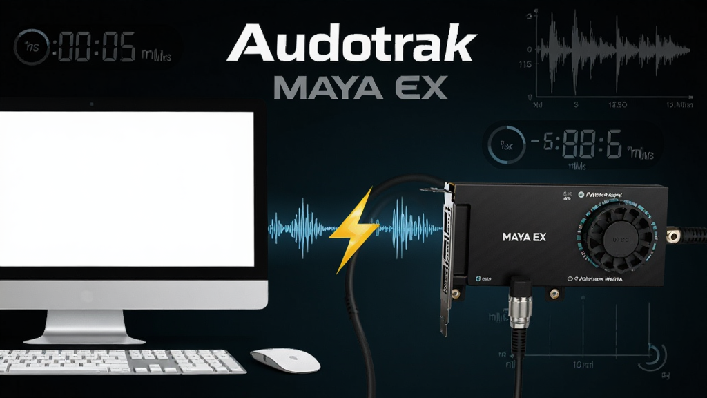 一张展示Audiotrak MAYA EX声卡ASIO驱动低延迟特性的概念图,画面主体是一台电脑与MAYA EX声卡通过数据线连接,中间用闪电符号与音频波形表示信号高速传输,背景为深色渐变科技风格,布局左右对称,细节包含毫秒计时器与波形图,画质清晰,干净,无多余元素