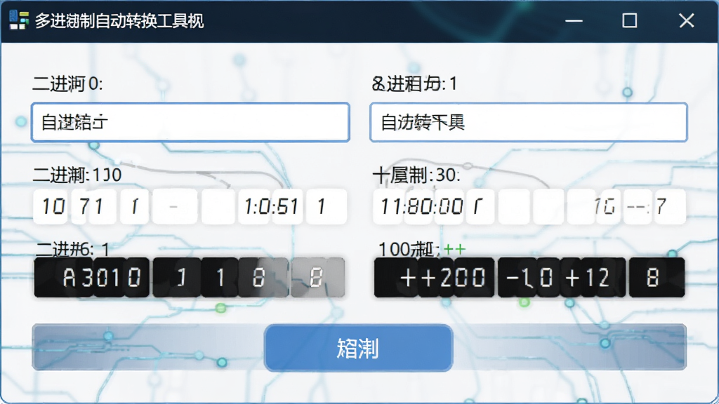 一张展示多进制自动转换工具软件主界面的图片,主体为软件窗口界面,布局包含输入框和转换按钮,排版清晰,风格为简洁科技风,细节上显示二进制、八进制、十进制、十六进制标签,画质清晰,干净,无多余元素