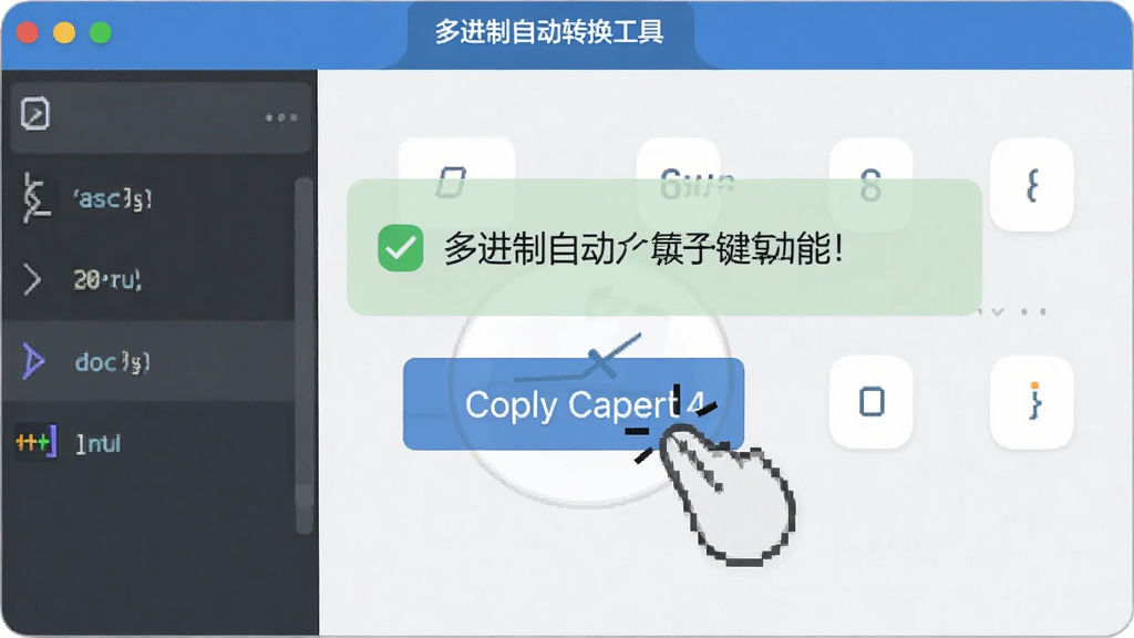 一张展示多进制自动转换工具一键复制功能的图片,主体为软件界面,布局为鼠标点击复制按钮,排版简洁,风格为扁平化设计,细节上显示复制成功的提示,画质清晰,干净,无多余元素