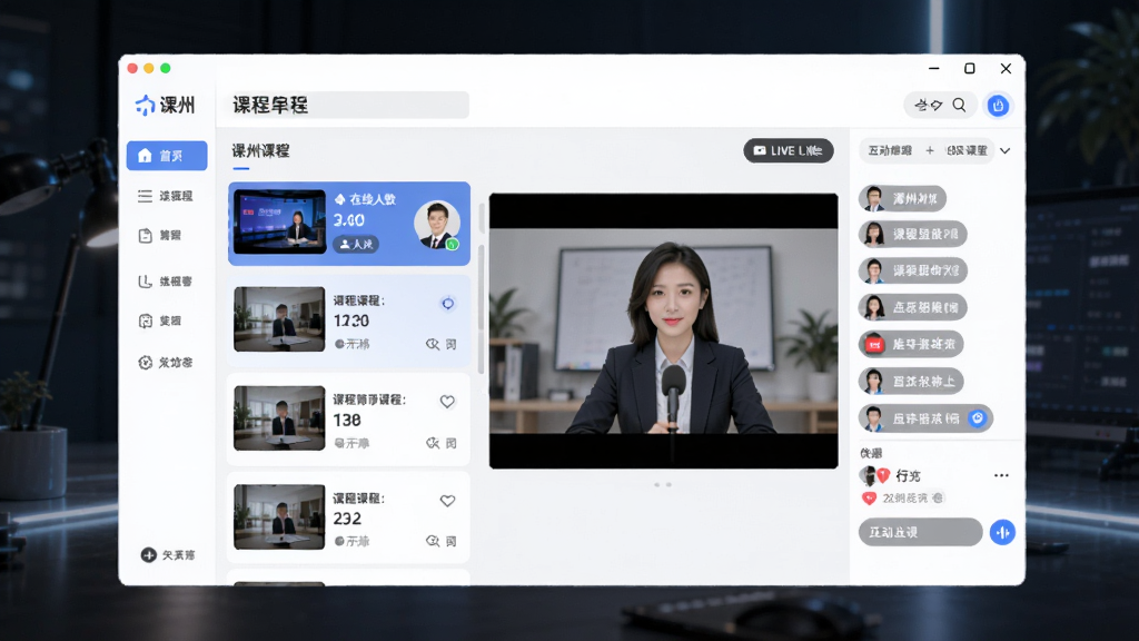 潭州课堂在线教育直播平台主界面展示,画面中央是软件窗口,窗口内显示课程列表和直播画面,左侧为功能导航栏,右侧为互动聊天区域,整体布局清晰,排版规整,风格现代科技感,细节包括课程缩略图、讲师头像、在线人数图标,画质高清,干净无多余元素