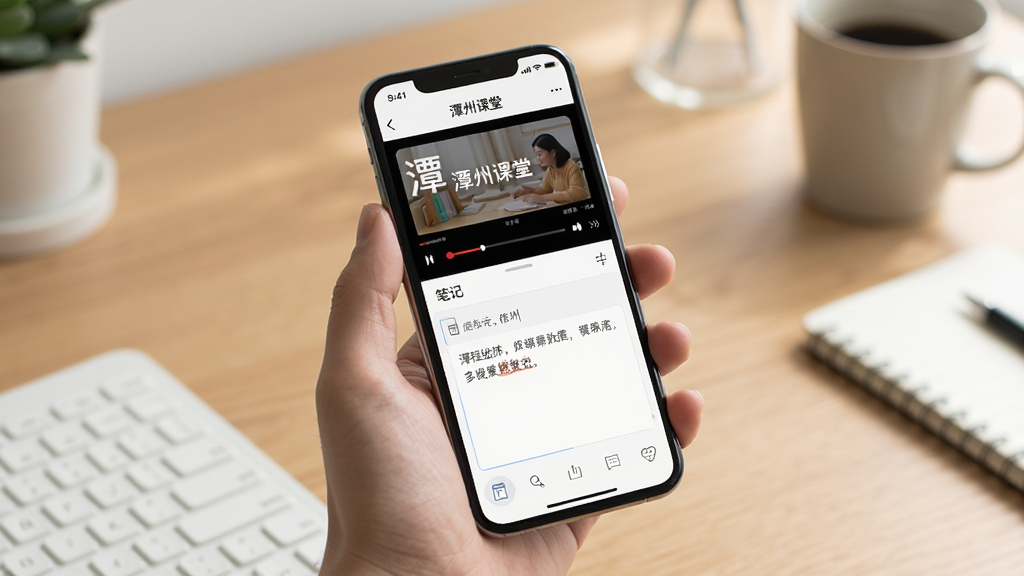 潭州课堂移动端学习操作场景,画面中一只手拿着智能手机,手机屏幕上显示潭州课堂课程播放界面和笔记功能,背景是简洁的书桌环境,布局以手机为中心,排版自然,风格生活化写实,细节包括屏幕上的播放进度条和笔记输入框,画质清晰,干净无多余元素