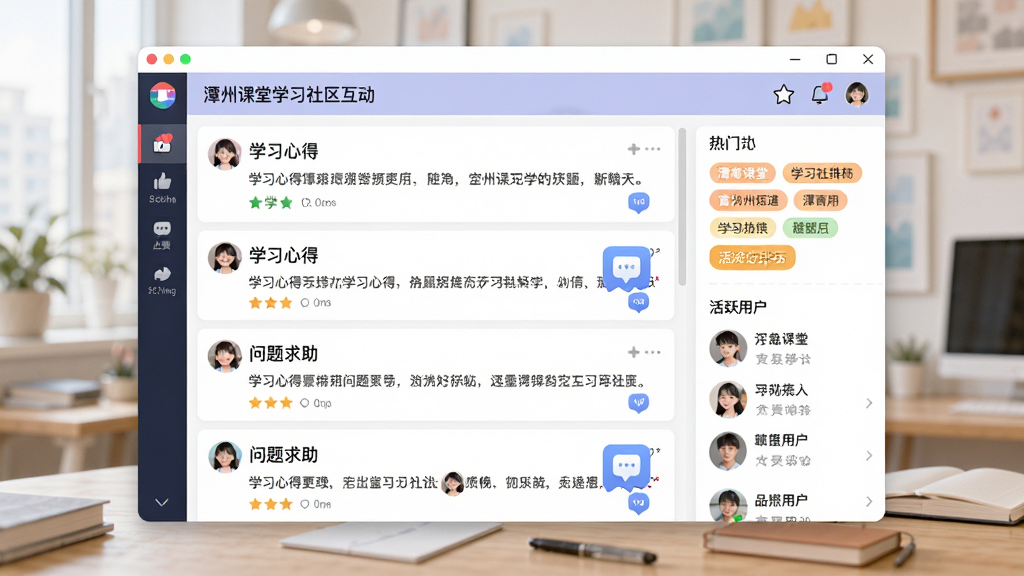 潭州课堂学习社区互动界面,画面中心是软件窗口,窗口内展示学员发帖列表和讨论回复区域,帖子标题包含学习心得和问题求助,右侧有热门标签和活跃用户排行,布局层次分明,排版整齐,风格友好活泼,细节包括点赞图标和评论气泡,画质高清,干净无多余元素