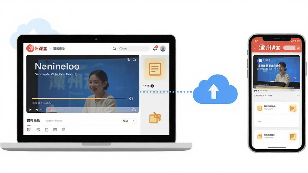 潭州课堂多端同步学习场景,画面左侧是一台打开的笔记本电脑显示潭州课堂直播课程界面,右侧是一部智能手机同样显示潭州课堂移动端界面,两者之间用云朵图标连接表示数据同步,布局左右对称,排版简洁明了,风格清新扁平化,细节包括屏幕上的课程进度条和笔记图标,画质清晰,干净无多余元素