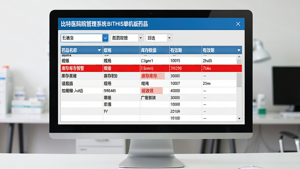 一张展示比特医院管理系统 BITHIS单机版药品库存管理界面的图片,画面中央为电脑屏幕,屏幕内显示药品库存表格,包含药品名称、规格、库存数量、有效期等列,表格中有醒目的库存预警红色标记,界面风格为简洁商务,配色以蓝白灰为主,布局为上方筛选栏加下方数据表格,画质清晰,干净整洁,无多余元素