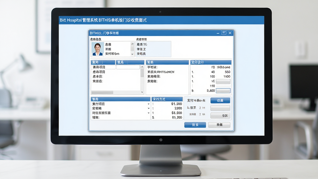 一张展示比特医院管理系统 BITHIS单机版门诊收费界面的图片,画面中央为电脑屏幕,屏幕内显示收费结算窗口,包含费用项目列表、金额合计、支付方式选择按钮,界面风格为简洁商务,配色以蓝白为主,布局为上下结构,上方为患者信息,下方为费用明细,画质清晰,干净整洁,无多余元素