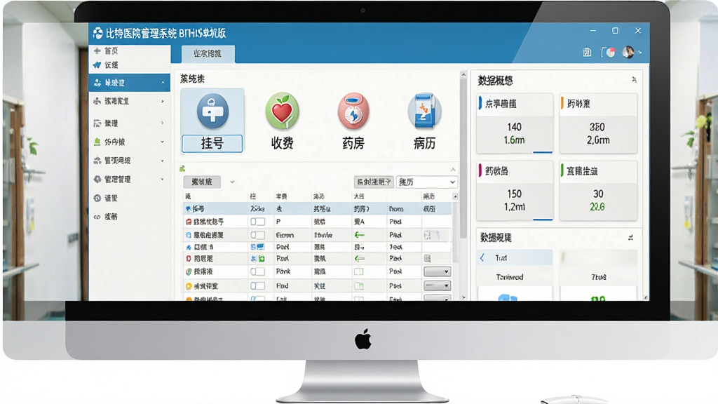 一张展示比特医院管理系统 BITHIS单机版主界面的软件截图风格图片,画面中央是电脑屏幕,屏幕内显示医院信息管理系统的功能模块菜单,包含挂号、收费、药房、病历等图标,整体布局为左右分栏结构,左侧为导航菜单,右侧为数据概览面板,风格为简洁商务的软件界面设计,细节包括按钮、表格、数据卡片等元素,画质清晰,干净整洁,无多余元素
