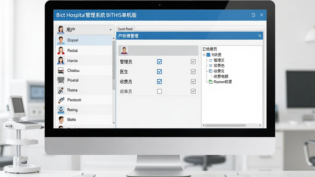 一张展示比特医院管理系统 BITHIS单机版用户权限管理界面的图片,画面中央为电脑屏幕,屏幕内显示用户列表和权限勾选窗口,包含管理员、医生、收费员等角色,界面风格为简洁商务,配色以蓝白灰为主,布局为左侧用户列表加右侧权限树,画质清晰,干净整洁,无多余元素