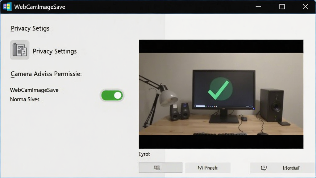 WebCamImageSave软件在Windows系统上的权限设置界面,显示摄像头访问权限开关已打开,旁边有软件正常运行时的预览画面,风格为系统设置风,细节包括隐私设置图标和绿色允许标记,画质清晰干净,无多余元素