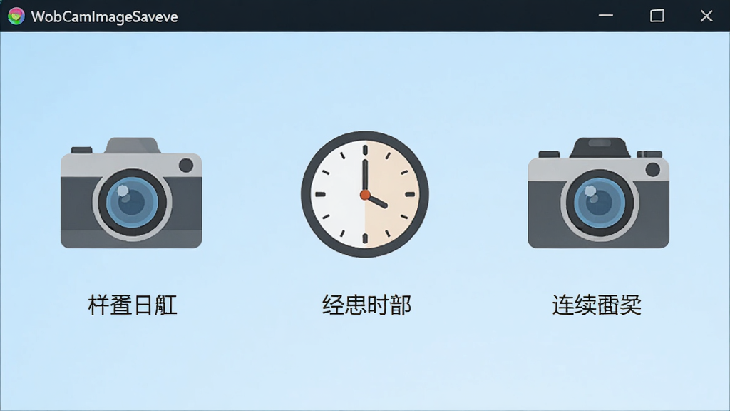WebCamImageSave软件界面展示三种拍摄模式图标,分别是手动相机图标、倒计时时钟图标和连续拍摄图标,背景为浅蓝色渐变,风格为扁平化设计,细节包括每个图标下方的中文标签,画质清晰干净,无多余元素