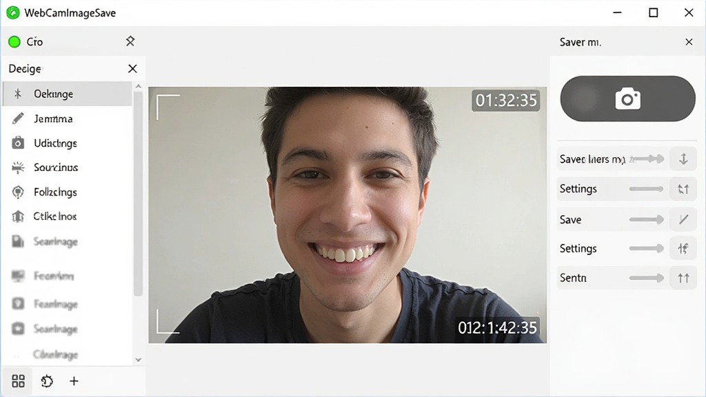特写镜头展示WebCamImageSave软件主界面,中央是清晰的摄像头实时预览画面,画面中显示一个微笑的人物,界面左侧有设备列表,右侧有拍照按钮和保存设置面板,风格为简洁现代UI风,细节包括绿色拍摄指示灯、时间戳水印,画质高清干净,无多余元素